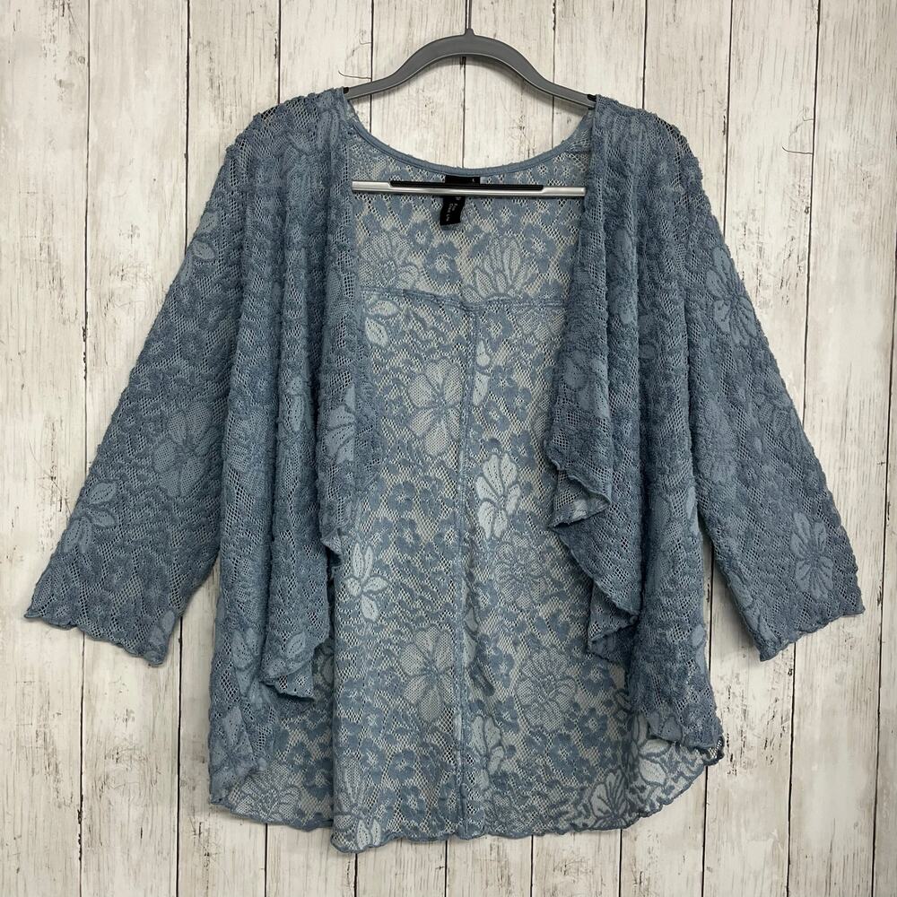 Focus Casual Life Blue Textured Lace Knit L Floral Lagenlook Open Front Cardigan